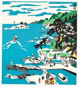 Kawanishi Hide : Hiyoriyama Cliffs, Boats, and the Pulse of the Coast Offset Lithograph
