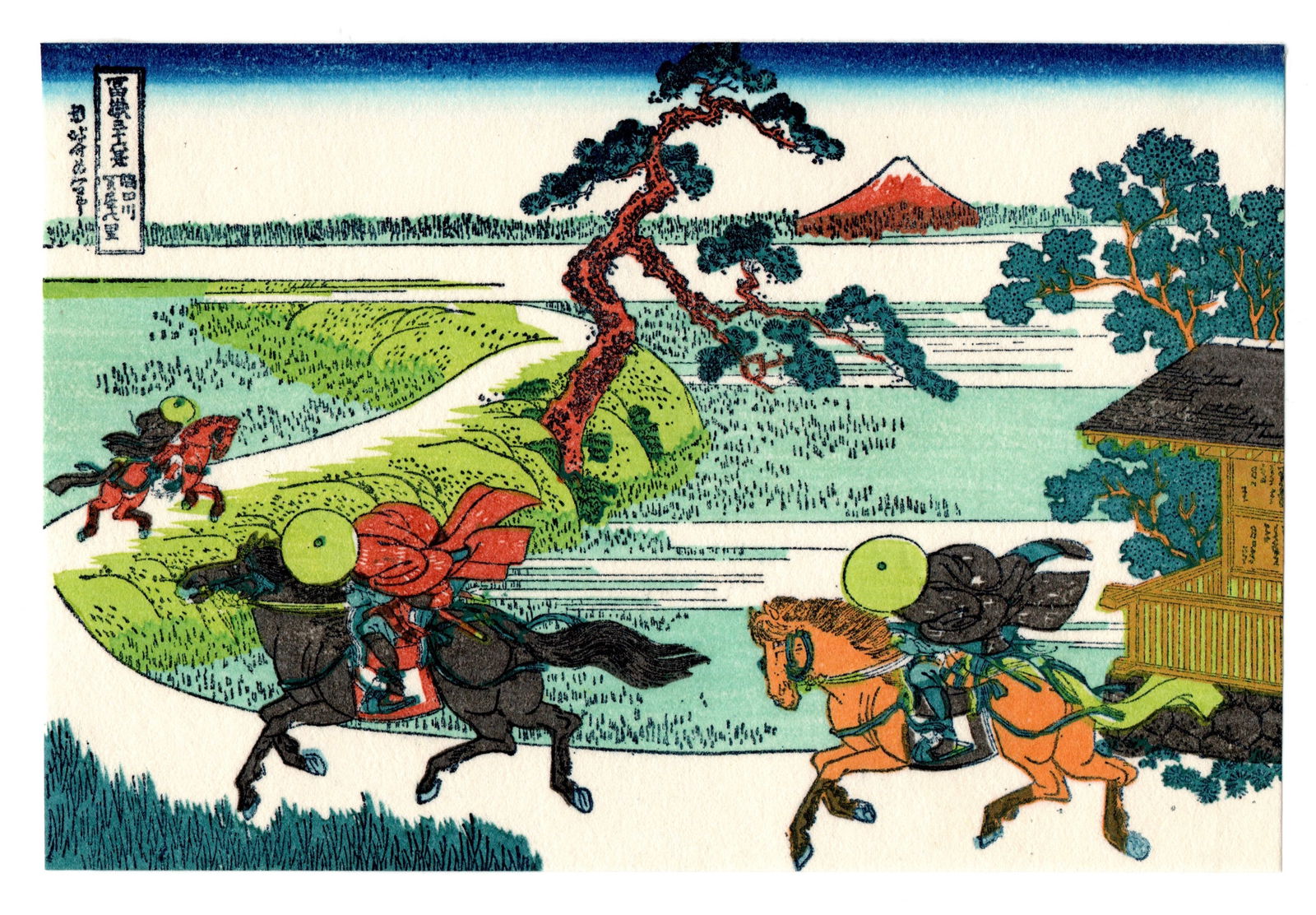 Katsushika Hokusai : Barrier Town on the Sumida River Woodblock: After, Katsushika Hokusai. Title: "Barrier Town on the Sumida River" Medium: Woodblock reprint. Size: (5.1/4x3.7/8in). Series: Thirty-Six Views of Mt. Fuji. Paper Type: Traditional handmade Japanese w