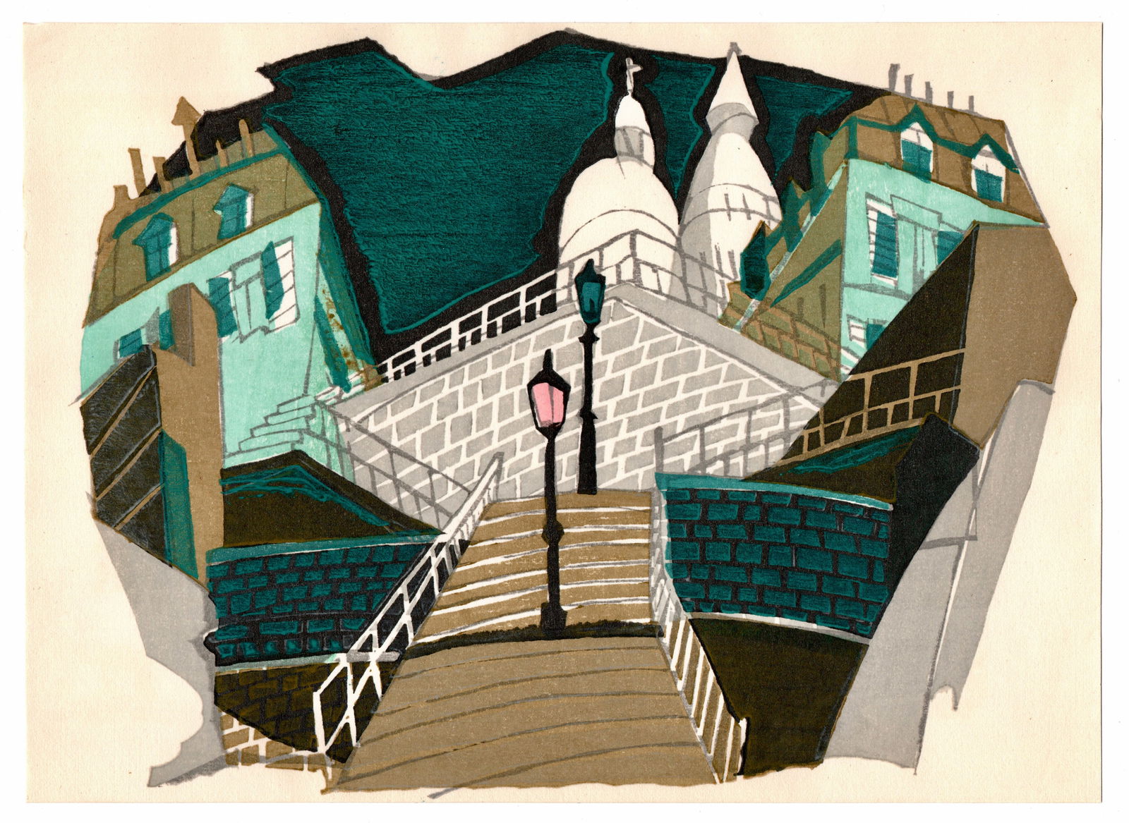 Sekino Junichiro : France Woodblock: Artist: Sekino Junichiro (1914–1988). Title: "France" Date: 1962. Medium: Woodblock Print. Size: (10x7.1/4in). Paper Type: Washi. Publisher: Self Published. Place of Origin: Japan. Limited Edition o