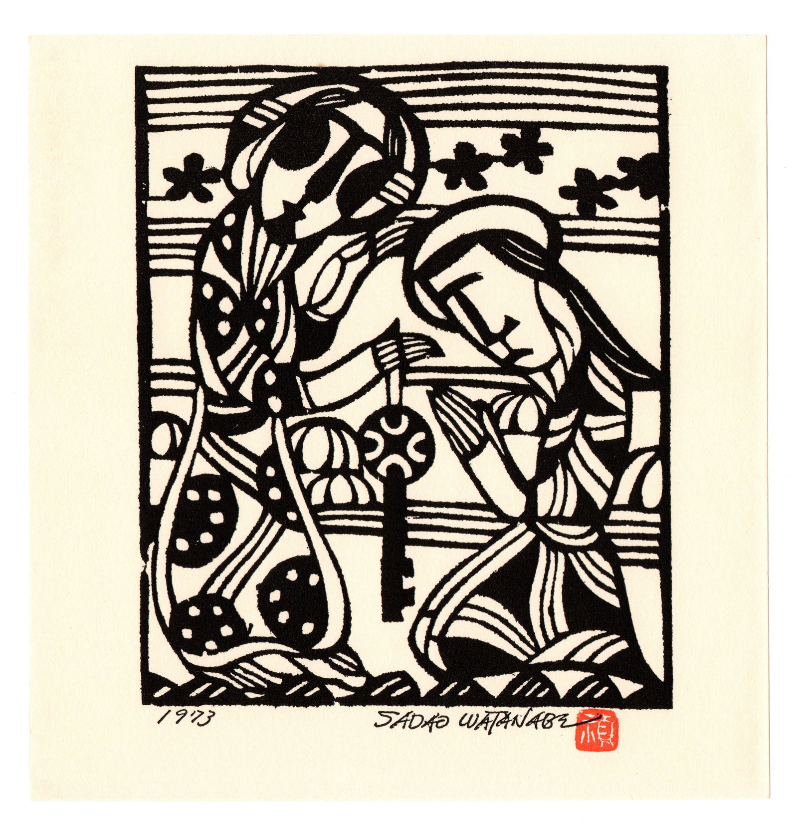 Sadao Watanabe : Peter and Key Offset Lithograph: Sadao Watanabe (1913-1996). Title: "Peter and Key" Medium: Offset Lithograph. Size: (6.1/2x6in). Editor: Haruhisa Suzuki. Publisher: Sawahito Yamamoto, The Logos Church, one of United Churches of Japa