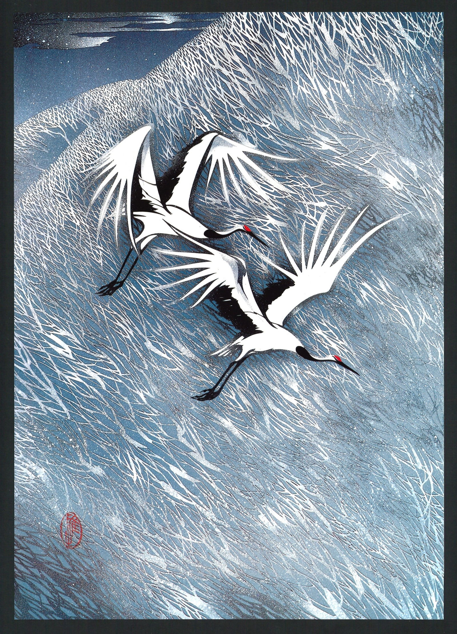 Masayuki Miyata : Cranes Over Windblown Reeds Offset Lithograph (1 of 3)