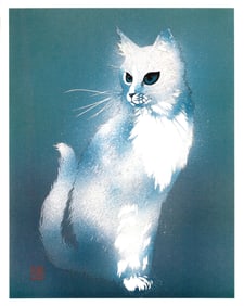 Masayuki Miyata : Moonlit Cat in Blue Mist Offset Lithograph