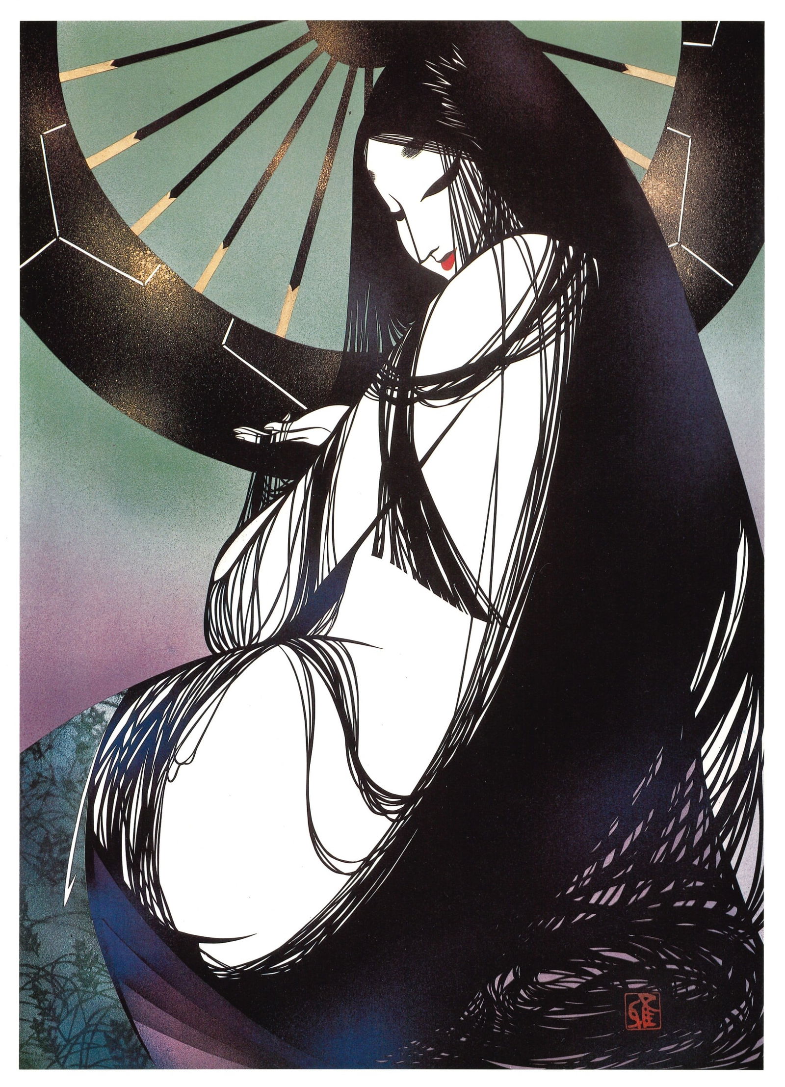 Masayuki Miyata : Woman Framed by Fanlight Offset Lithograph: Artist: Masayuki Miyata (1926-1997). Title: "Woman Framed by Fanlight" Medium: Offset Lithograph. Size: (13.1/2x9.1/2in). Place of Origin: Japan. Date: 1983. This print is part of a folio limited edit