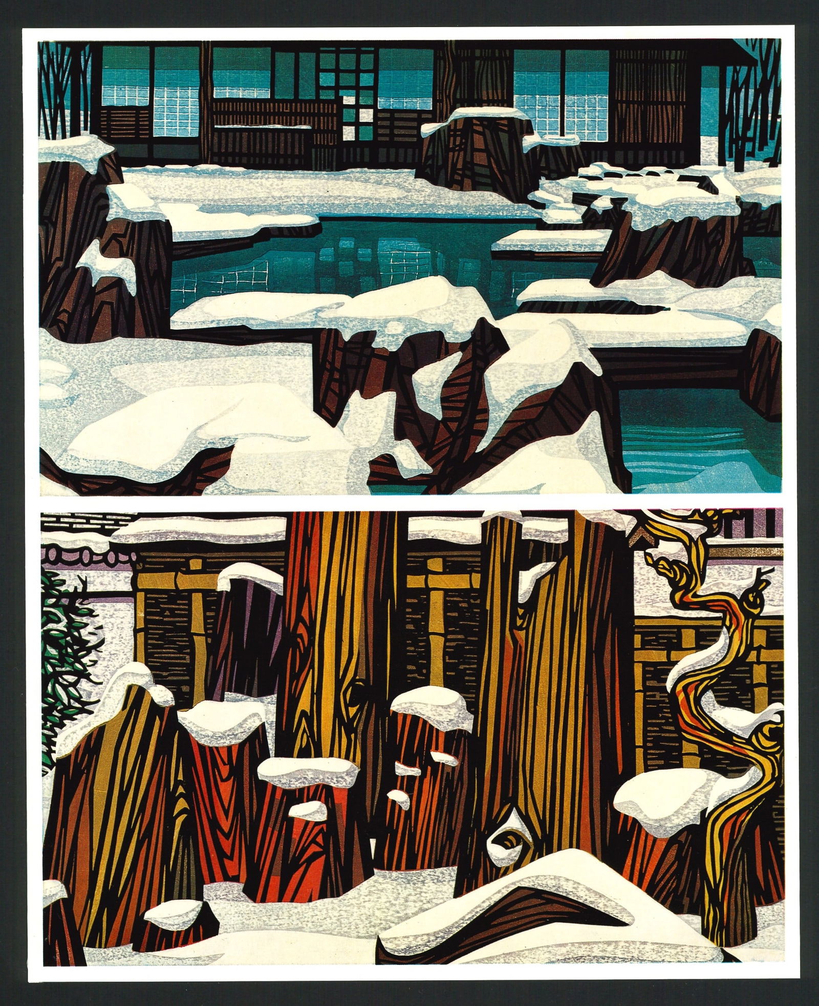Clifton Karhu : Winter in Kyoto Offset Lithograph: Artist: Clifton Karhu (1927–2007) Title: "Winter Pond & Winter Garden" Size:(11.1/2x9.1/2in) Date: 1975. Medium: An Offset Lithographic high-quality reproduction of Clifton Karhu’s original woodbl