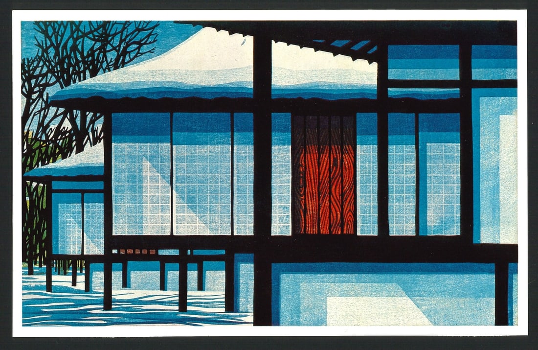Clifton Karhu : Snow at Katsura Offset Lithograph: Artist: Clifton Karhu (1927–2007) Title: "Snow at Katsura" Size:(9x6in) Date: 1975. Medium: An Offset Lithographic high-quality reproduction of Clifton Karhu’s original woodblock design. Paper Typ