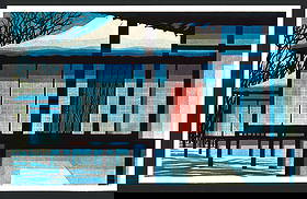 Clifton Karhu : Snow at Katsura Offset Lithograph: Artist: Clifton Karhu (1927–2007) Title: "Snow at Katsura" Size:(9x6in) Date: 1975. Medium: An Offset Lithographic high-quality reproduction of Clifton Karhu’s original woodblock design. Paper Typ