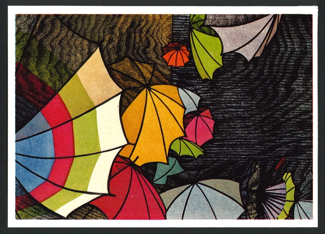 Clifton Karhu : Umbrellas Offset Lithograph: Artist: Clifton Karhu (1927–2007) Title: "Umbrellas" Size:(7x5in) Date: 1975. Medium: An Offset Lithographic high-quality reproduction of Clifton Karhu’s original woodblock design. Paper Type: Glo