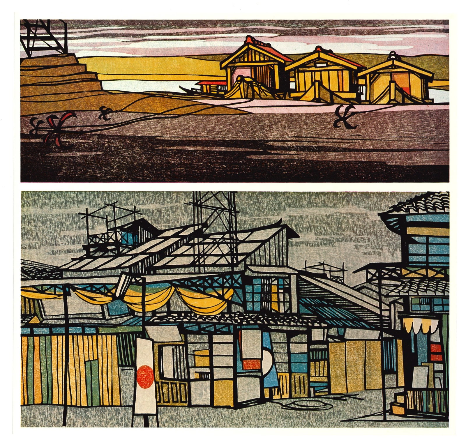 Clifton Karhu : Gifu Boats & Takayama Street Offset Lithograph: Artist: Clifton Karhu (1927–2007) Title: "Gifu Boats & Takayama Street" Size:(10x10.1/2in) Date: 1975. Medium: An Offset Lithographic high-quality reproduction of Clifton Karhu’s original woodbloc