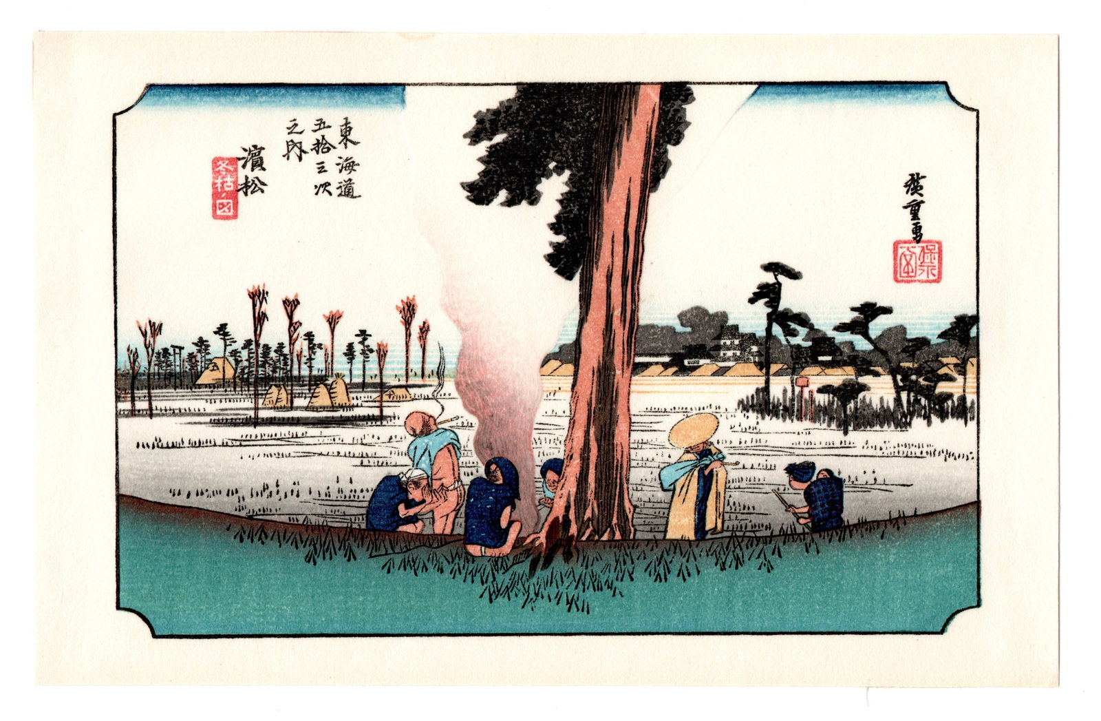 Ando Hiroshige : Hamamatsu Woodblock: Artist: Ando Hiroshige (1797-1858). Title: "Hamamatsu" Series: The Fifty-Three Stations of the Tokaido Road. Medium: Woodblock reprint. Format: Horizontal, never framed. Paper Type: Traditional Handma