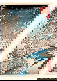 Ando Hiroshige : Meguro Drum Bridge and Sunset Hill Woodblock