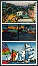 Clifton Karhu : Chinese Village, Boats & Jinja Lee Cross Offset Lithograph