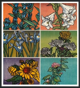 Clifton Karhu : Rindo, Lily, Iris, Chrysanthemum, Sunflower & Tsubaki Hexaptych Offset Lithograph