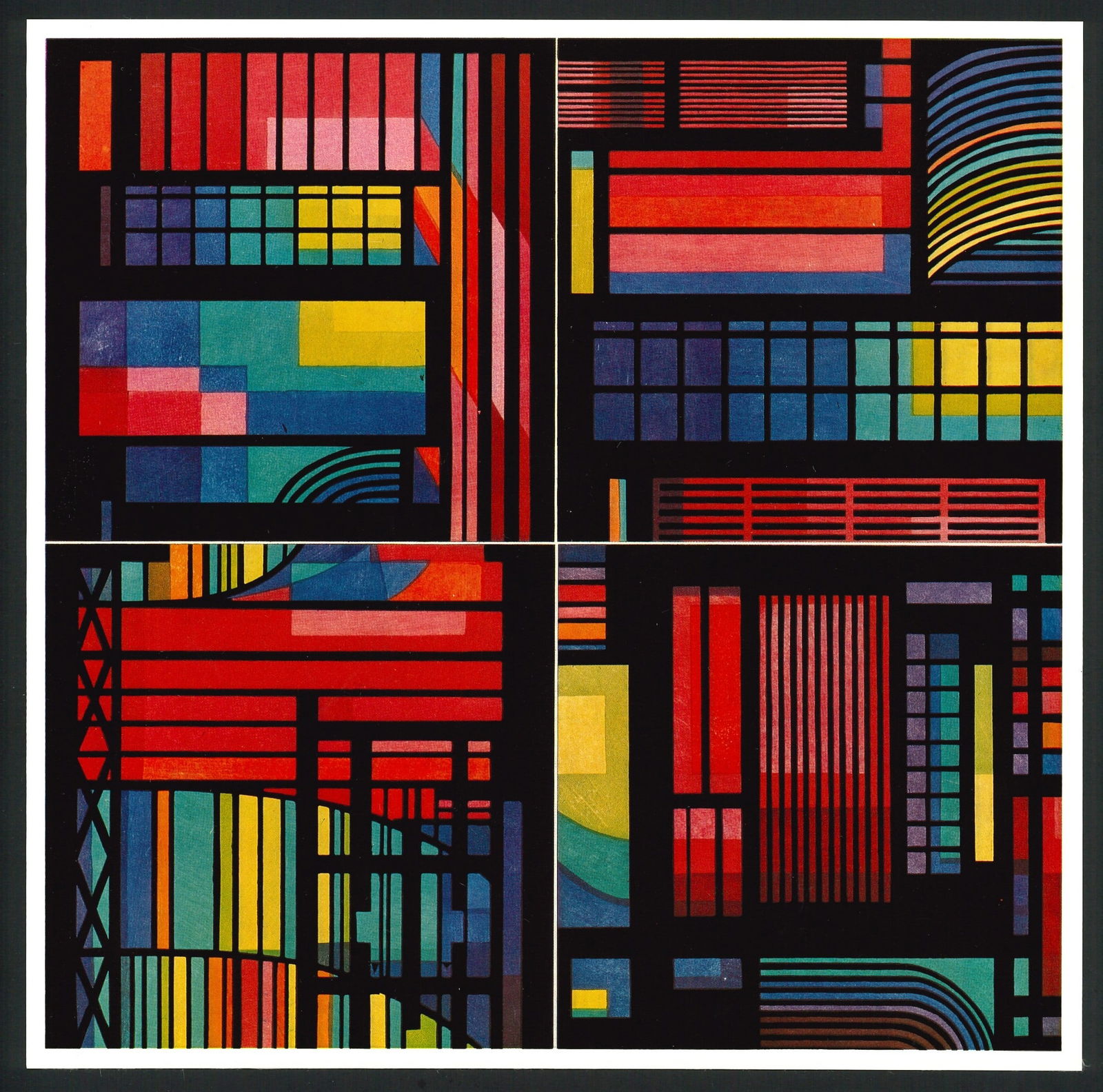 Clifton Karhu : Synchromy Grid Offset Lithographic: Artist: Clifton Karhu (1927–2007) Title: "Four Panel Synchromy" Size:(10x10in) Date: 1975. Medium: An Offset Lithographic high-quality reproduction of Clifton Karhu’s original woodblock design. Pa