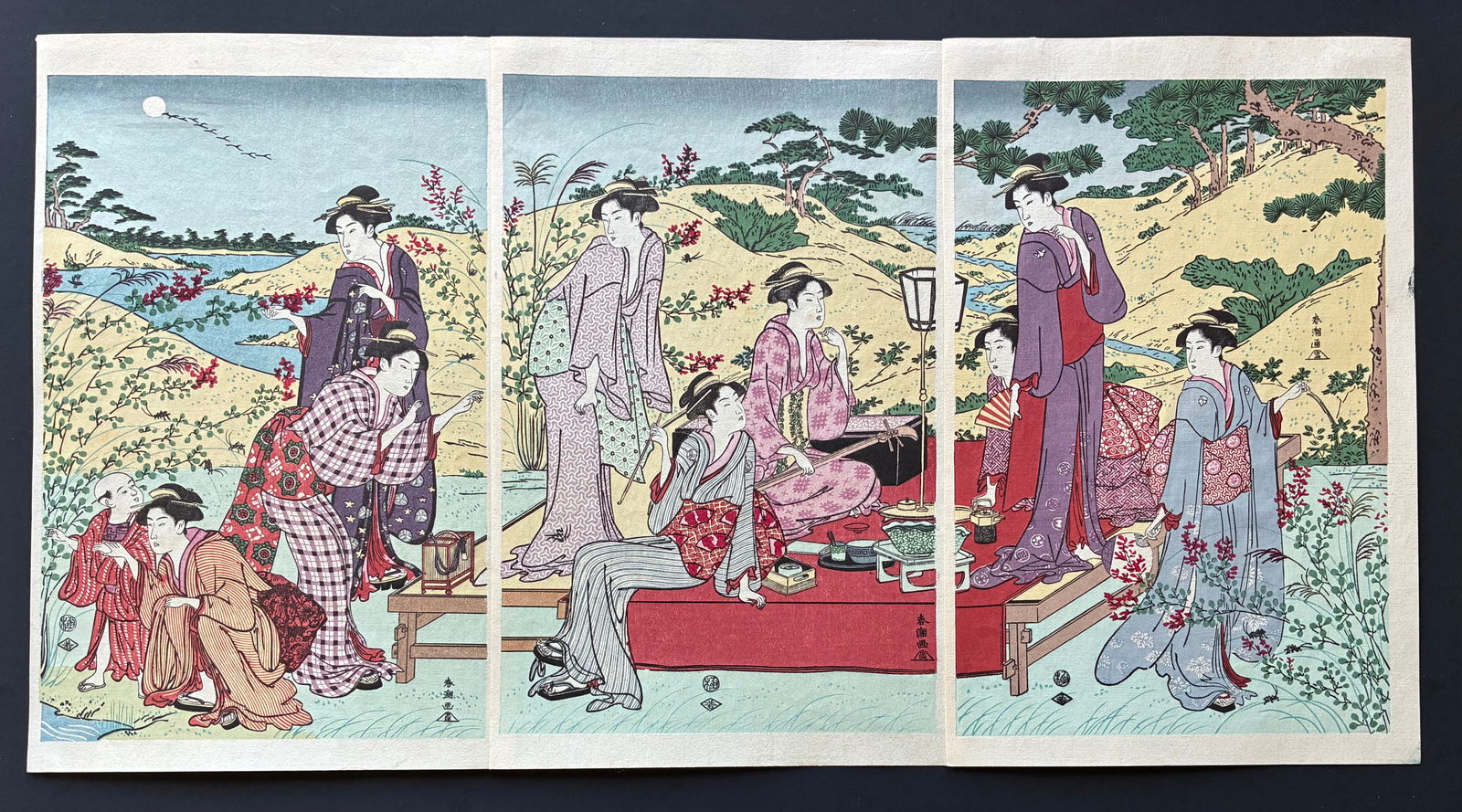 Katsukawa Shuncho : Mushi Kiki Woodblock: Artist: Katsukawa Shuncho. Title: "Mushi Kiki A Picnic Party at Hagidera" Medium: Woodblock reprint. Place of Origin: Japan. Date: 1960, Showa period. Size: Each Sheet (11.1/2x7.1/2in). Publisher: Yam