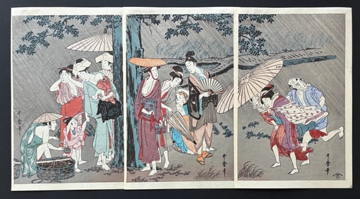 Kitagawa Utamaro : Shelter from Rain Woodblock