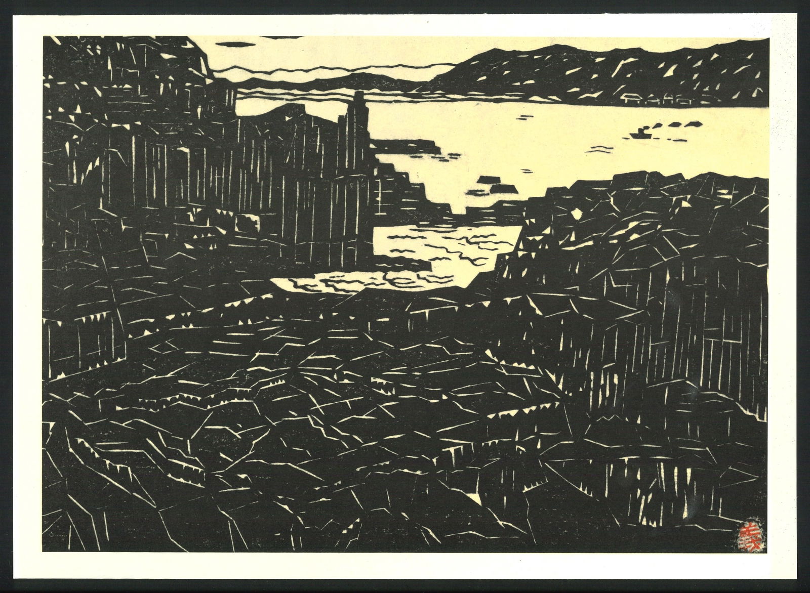 Yoshiro Koshino : Tojinbo Offset Lithograph: Artist: Yoshiro Koshino. Title: "Tojinbo" Medium: Offset Lithograph. Size: (9.7/8x13.1/2). Place of Origin: Japan. Date: Showa era 1964. Format: Horizontal. Paper Type: Thick Paper. Series: From The F