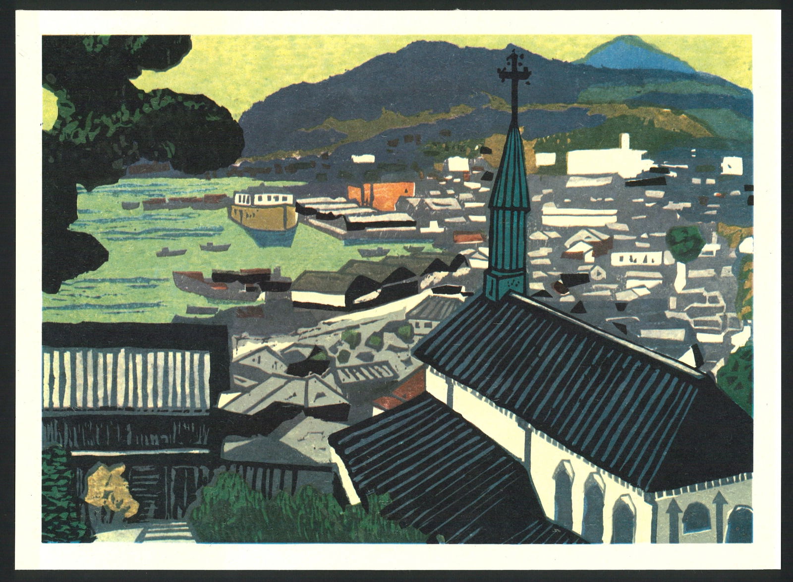 Kiyoshi Kawamura : Nagasaki Bay from the Roman Catholic Church of Oura Offset Lithograph: Artist: Kiyoshi Kawamura. Title: "Nagasaki Bay from the Roman Catholic Church of Oura" Medium: Offset Lithograph. Size: (9.7/8x13.1/2in). Date: Showa era 1964. Place of Origin: Japan. Paper Type: Thic