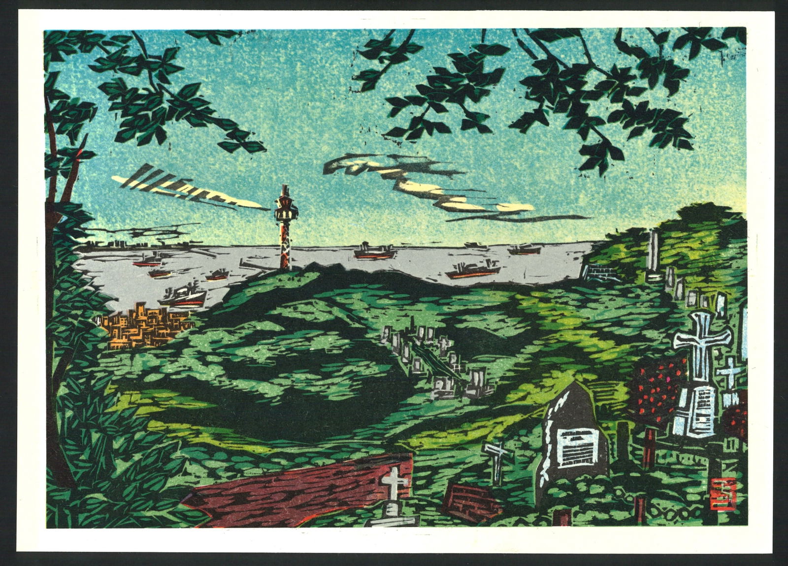 Itsuha Minowa : Foreigners Cemetery Yokohama Offset Lithograph: Artist: Itsuha Minowa. Title: "Foreigners Cemetery Yokohama" Medium: Offset Lithograph. Size: (9.7/8x13.1/2in). Date: Showa era 1964. Place of Origin: Japan. Paper Type: Thick Paper. Format: Horizonta