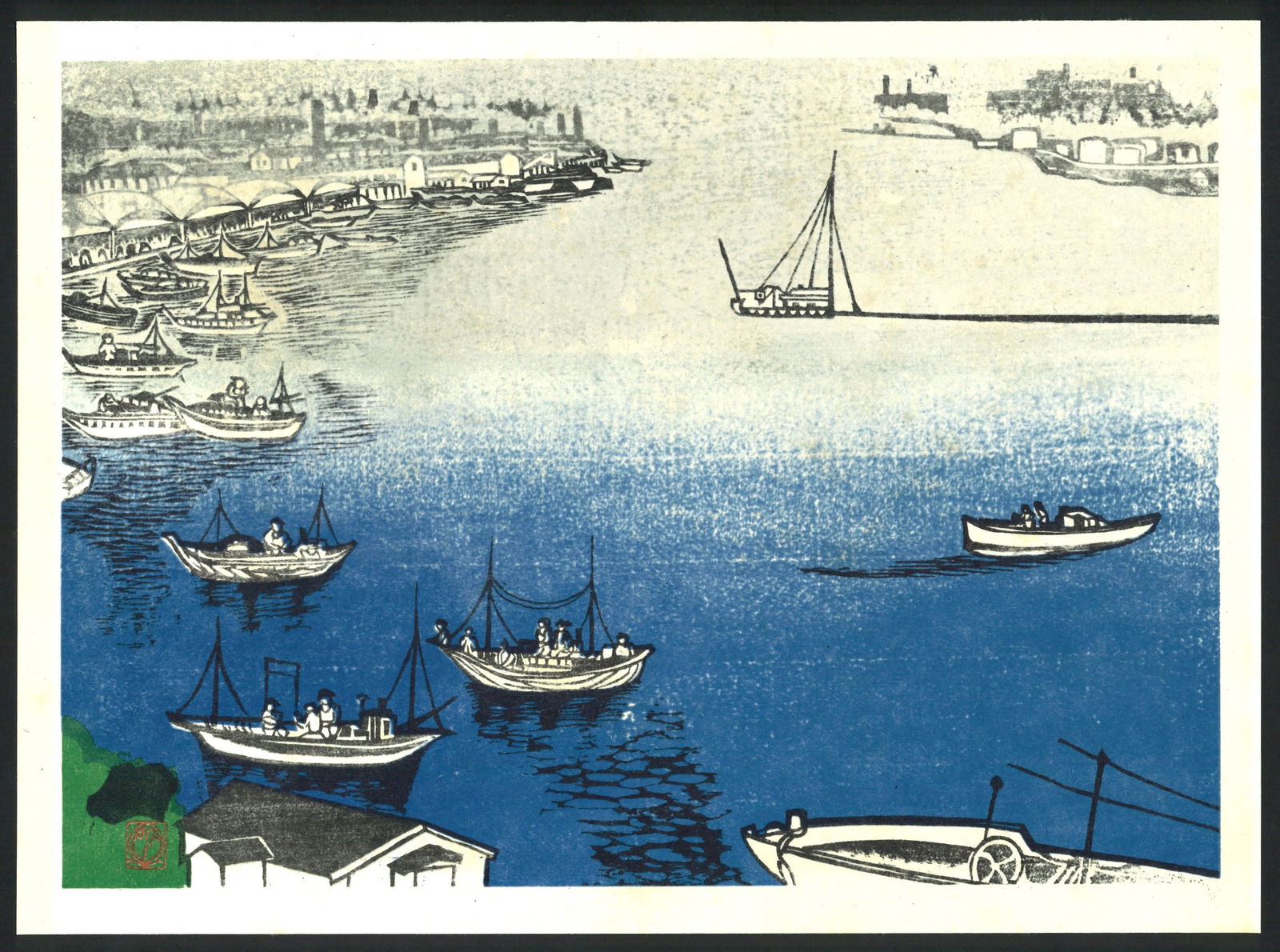 Shosuke Matsuo : Hachinohe Port Offset Lithograph: Artist: Shosuke Matsuo. Title: "Hachinohe Port" Medium: Offset Lithograph. Size: (9.7/8x13.1/4in). Date: Showa era 1964. Place of Origin: Japan. Paper Type: Thick Paper. Format: Horizontal, Never Fram