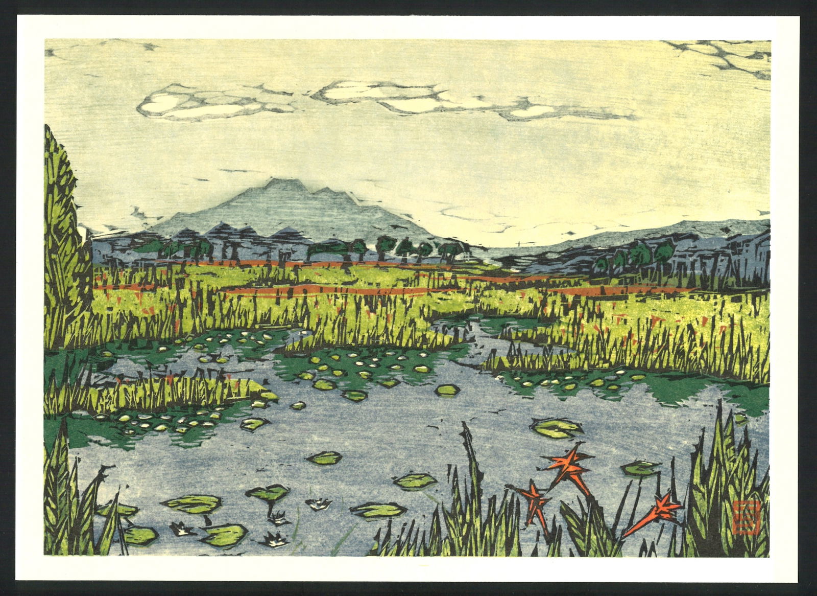 Itsuha Minowa : Lake Oze Offset Lithograph: Artist: Itsuha Minowa. Title: "Lake Oze" Medium: Offset Lithograph. Size: (9.7/8x13.1/2in). Date: Showa era 1964. Place of Origin: Japan. Paper Type: Thick Paper. Format: Horizontal, Never Framed. Ser