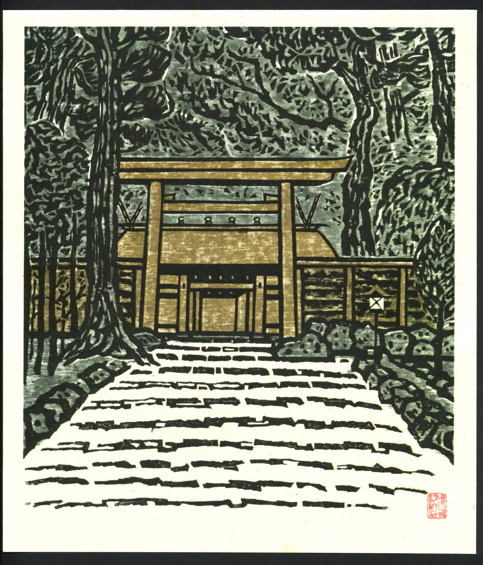 Makka Munakata : The Ise Shrines: Artist: Makka Munakata. Title: "The Ise Shrines" Medium: Offset Lithograph. Size: (12.1/2x19.1/2in). Date: Showa era 1964. Place of Origin: Japan. Paper Type: Thick Paper. Format: Vertical, Never Fram