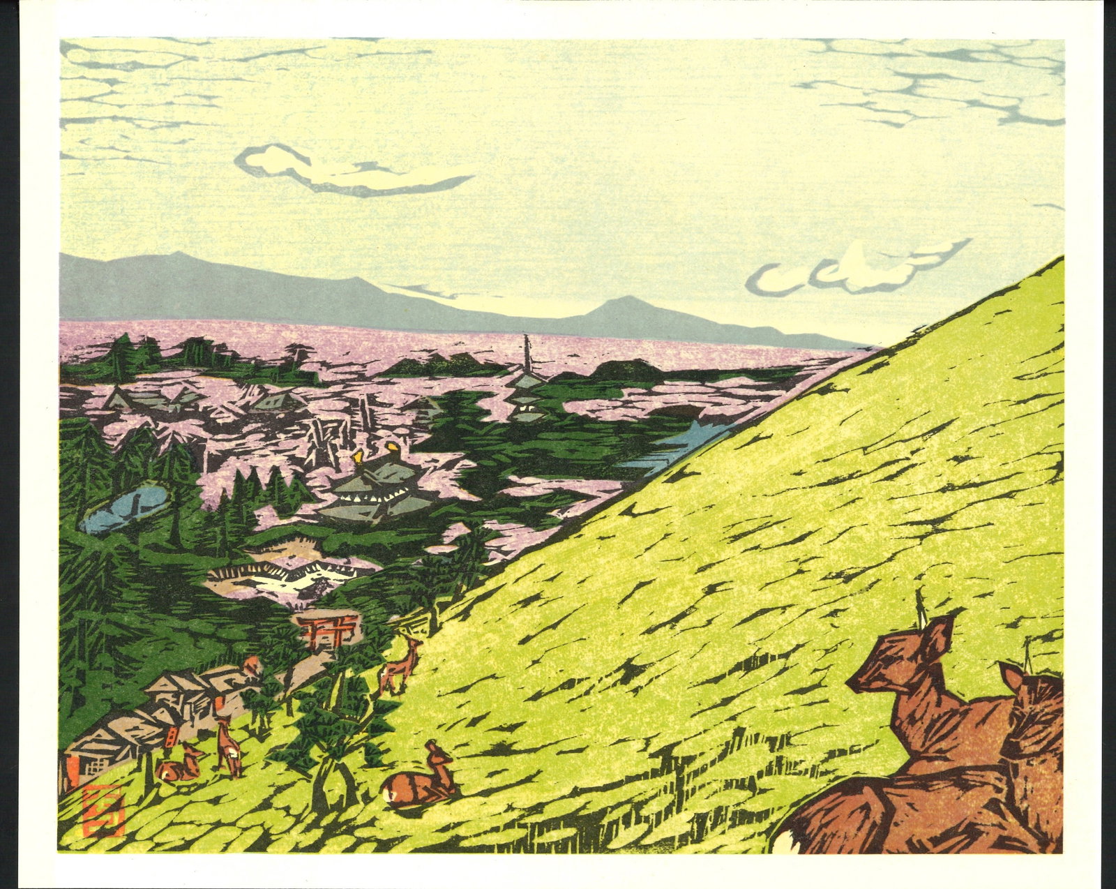 Itsuha Minowa : Wakakusa yama Offset Lithograph: Artist: Itsuha Minowa. Title: "Wakakusa yama" Medium: Offset Lithograph. Size: (11x13.1/2in). Date: Showa era 1964. Place of Origin: Japan. Paper Type: Thick Paper. Format: Horizontal, Never Framed. S