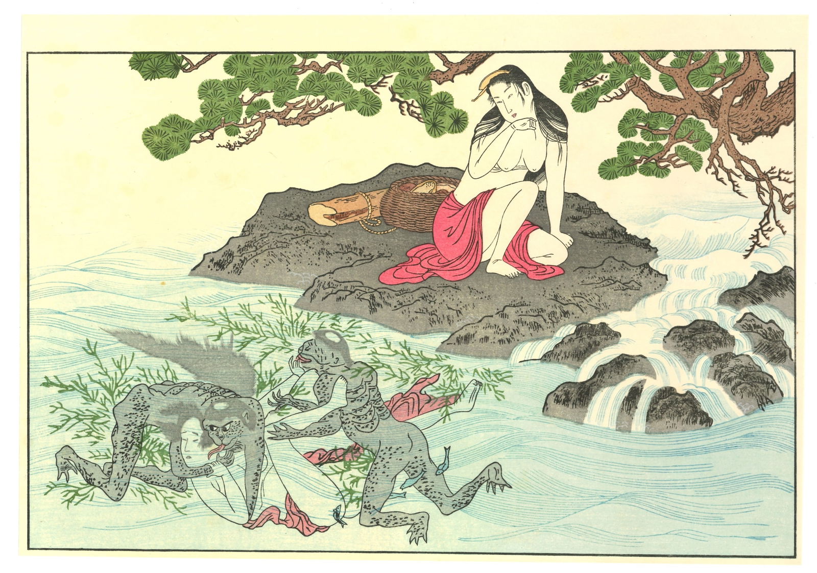 Kitagawa Utamaro : Kaijo Woman Diver Woodblock: Artist: Kitagawa Utamaro (1753–1806)). Title: "Kaijo Woman Diver" Medium: Woodblock reprint. Size: (14x10in). Paper Type: Handmade Traditional Washi. Publisher: Unknown. Date: Showa (1926-1989). Des