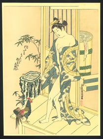 Masanobu Okumura : A Beauty on a Verandah Fresh from Her Bath Woodblock