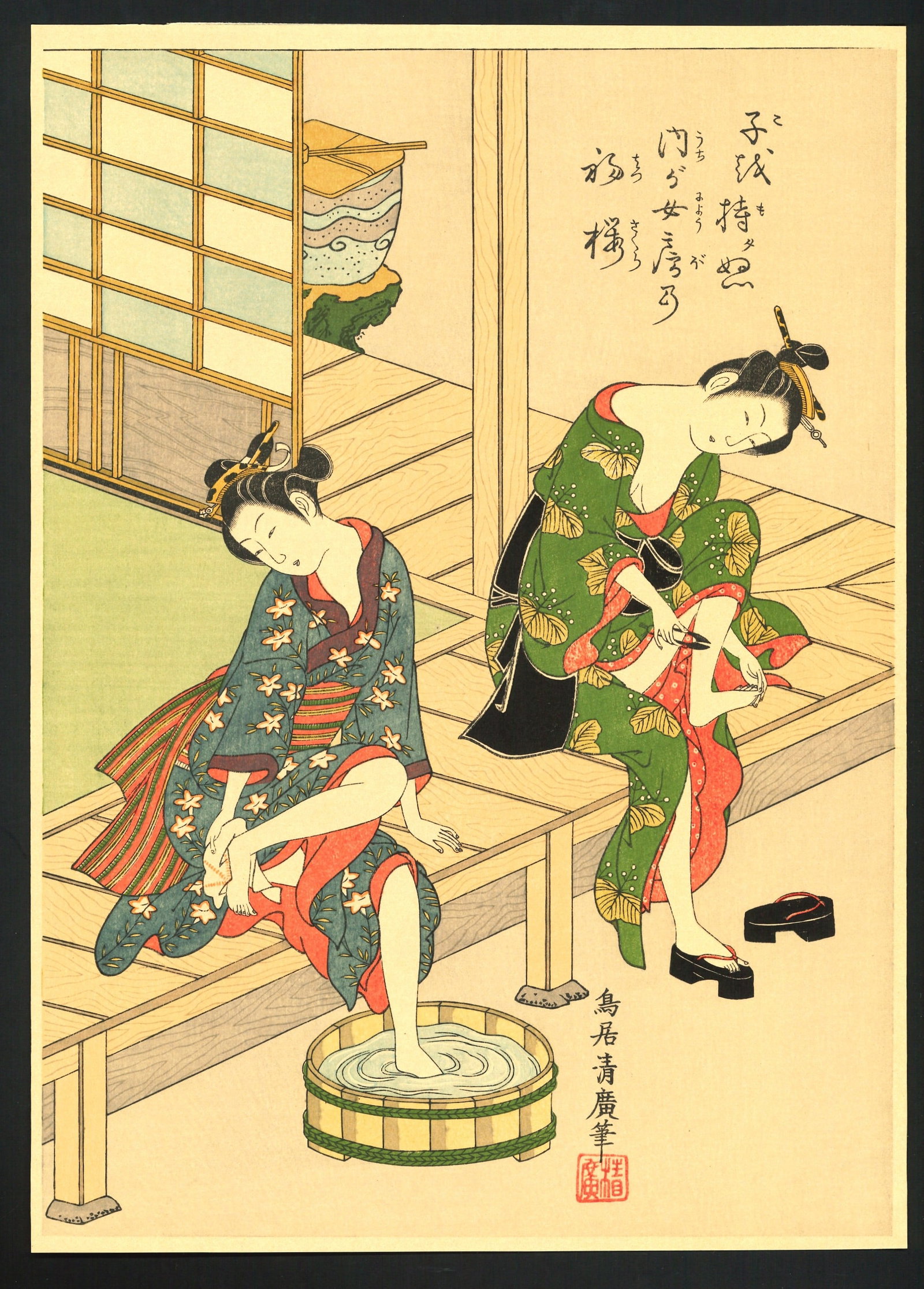 Kiyohiro Torii : Early Blossoming Beauties Woodblock: Artist: Kiyohiro Torii (1776). Title: "Early Blossoming Beauties" Medium: Woodblock reprint. Size: (13x10in). Paper Type: Handmade Traditional Washi. Publisher: Unknown. Date: Showa (1926-1989). Descr