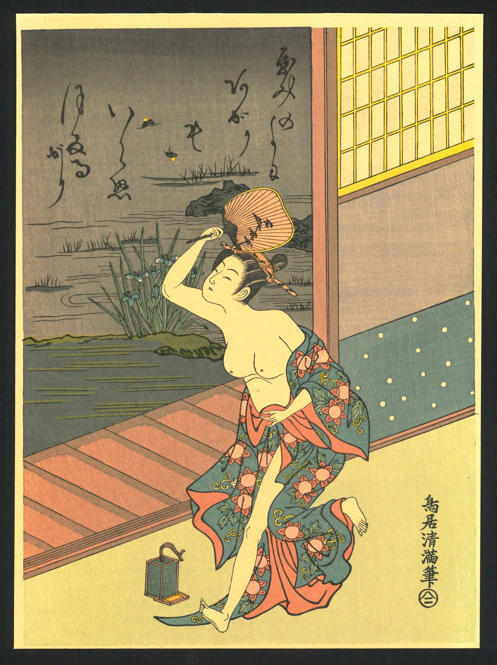 Moronobu Hishikawa : Firefly Catching Woodblock: Artist: Moronobu Hishikawa (1618–1694). Title: "Firefly Catching" Medium: Woodblock reprint. Size: (12x8.1/2in). Paper Type: Handmade Traditional Washi. Publisher: Unknown. Date: Showa (1926-1989).
