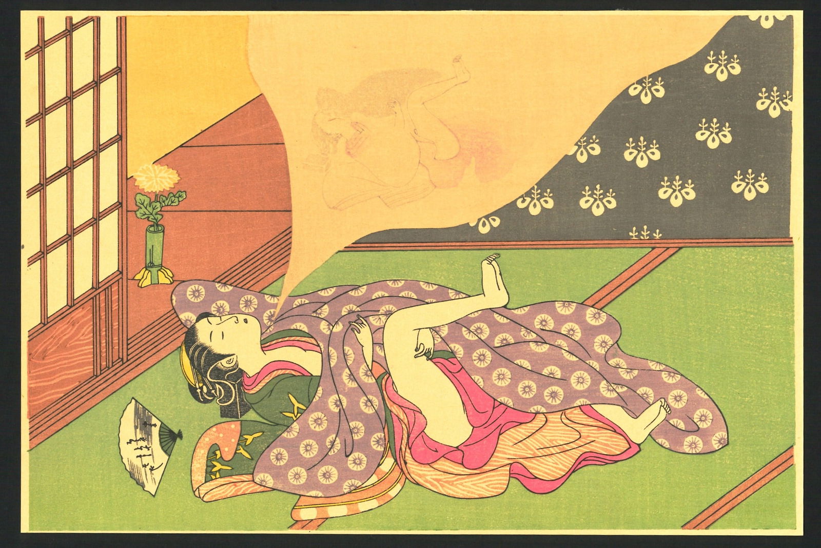 Harunobu Suzuki : Dream Woodblock: Artist: Harunobu Suzuki (1725–1770). Title: "Dream" Medium: Woodblock reprint. Size: (11x7.1/2in). Paper Type: Handmade Traditional Washi. Publisher: Unknown. Date: Showa (1926-1989). Description: T