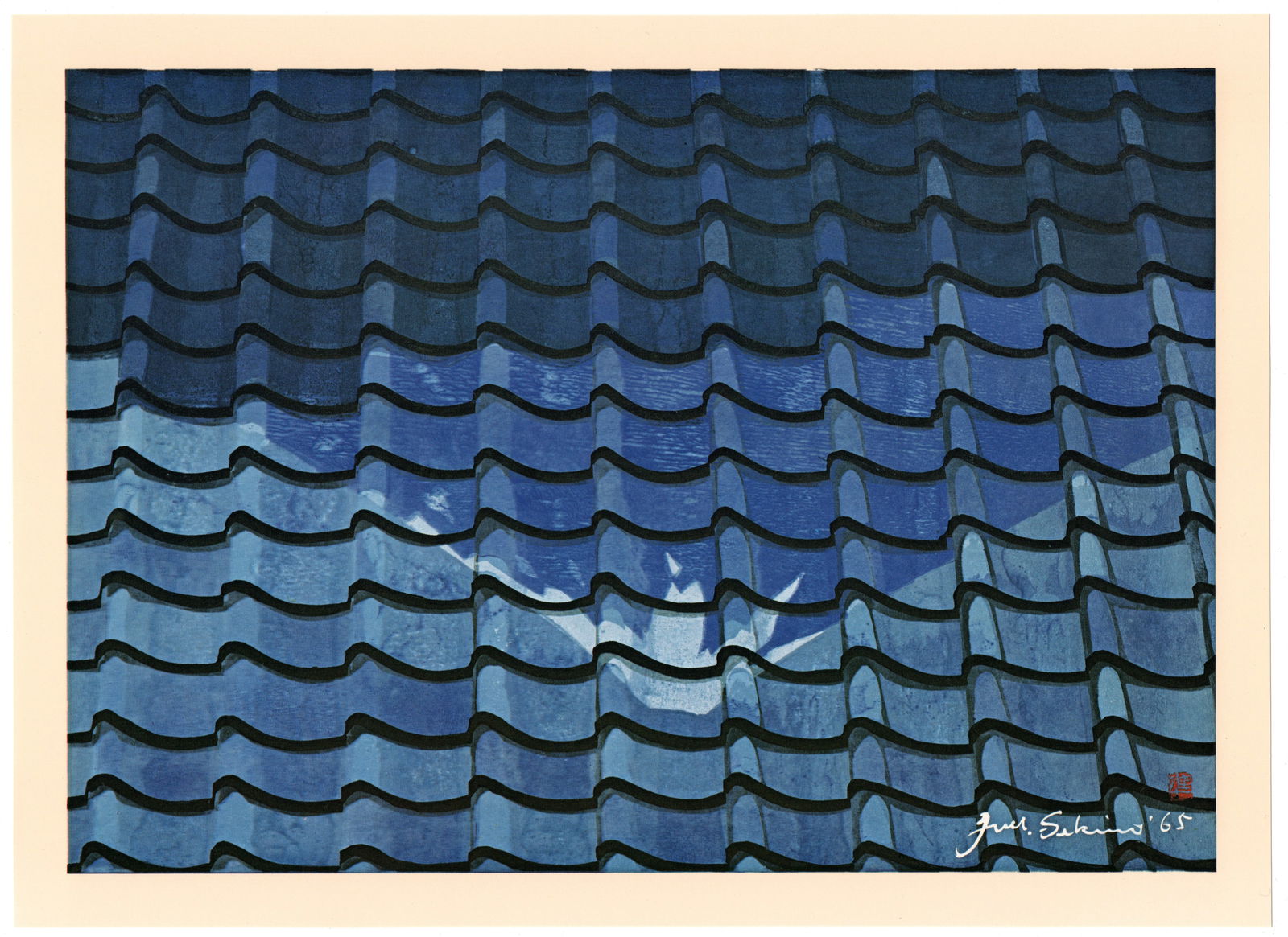 Sekino Junichiro : Inverted Image of Mt. Fuji on Moonlit Roof Offset Lithograph (1 of 1)