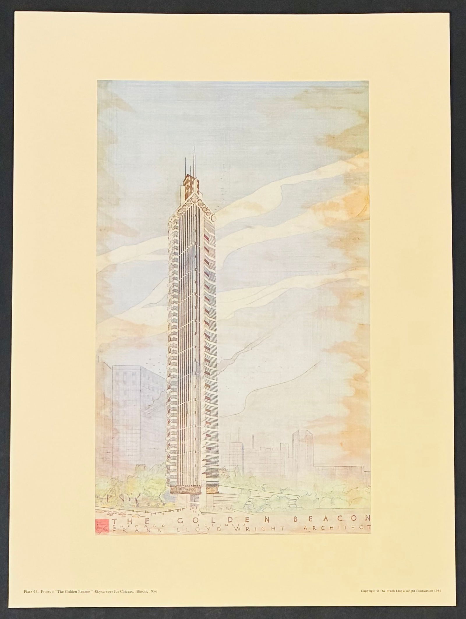 Frank Lloyd Wright : The Golden Beacon, Skyscraper for Chicago Illinois, 1956. (1 of 5)