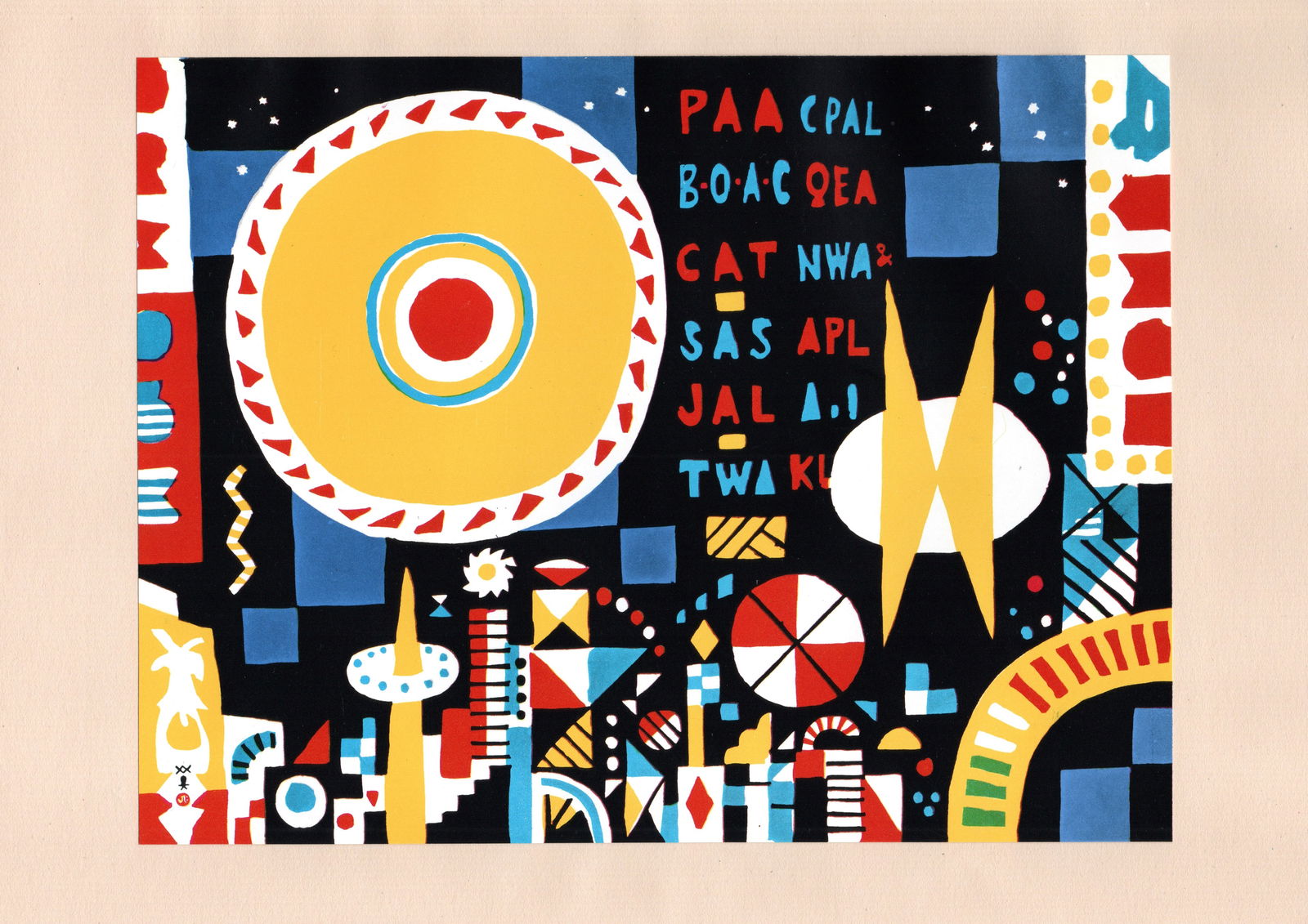 Hide Kawanishi : Neon Offset Lithograph: Artist: Hide Kawanishi (1894-1965). Title: "Neon" Publisher: Kobe Shimbun. Series: Self-Selected Print Collection. Date: 1965. Medium: Offset Lithograph. Size: Print Area (9.1/2x7in). With Matting Boa