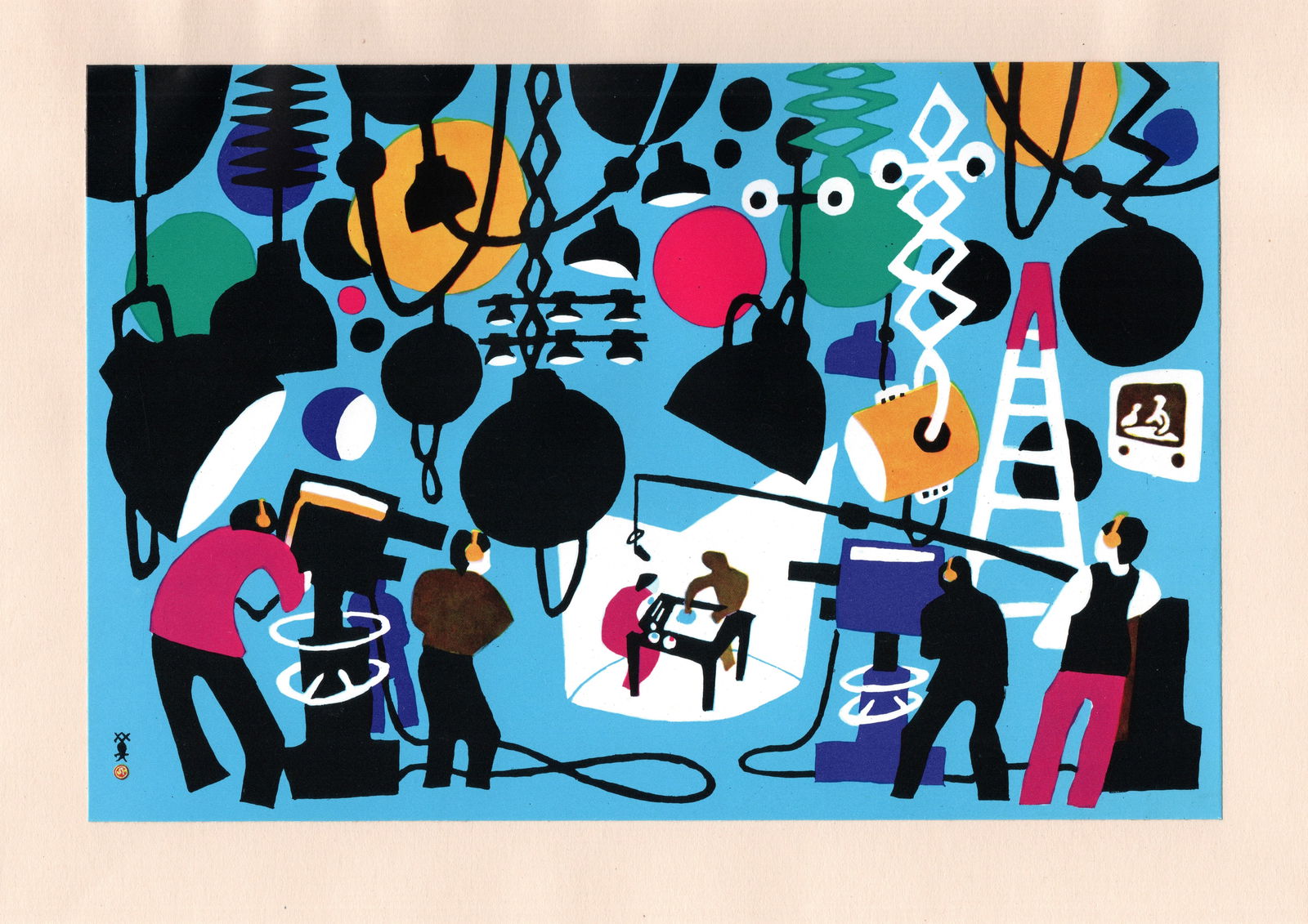 Hide Kawanishi : TV Studio Offset Lithograph: Artist: Hide Kawanishi (1894-1965). Title: "TV Studio" Publisher: Kobe Shimbun. Series: Self-Selected Print Collection. Date: 1965. Medium: Offset Lithograph. Size: Print Area (9.1/2x7in). With Mattin