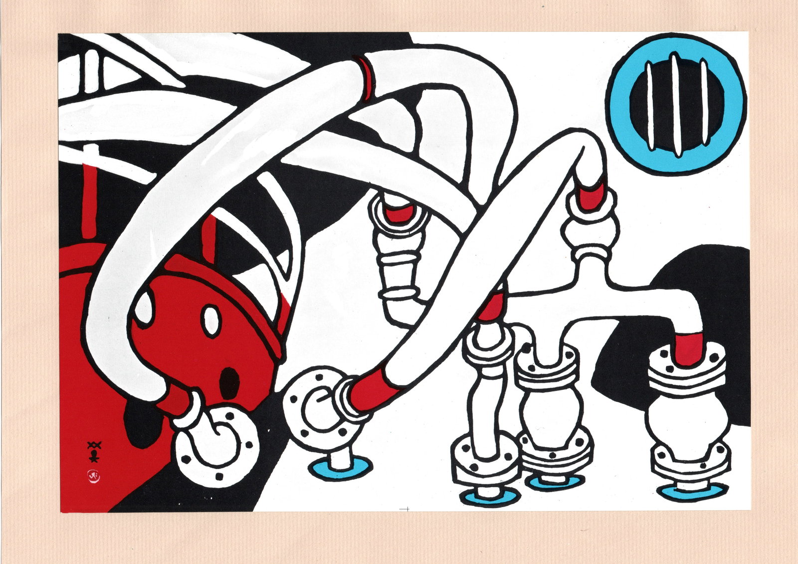 Hide Kawanishi : Factory Snap Offset Lithograph: Artist: Hide Kawanishi (1894-1965). Title: "Factory Snap" Publisher: Kobe Shimbun. Series: Self-Selected Print Collection. Date: 1965. Medium: Offset Lithograph. Size: Print Area (9.1/2x7in). With Mat