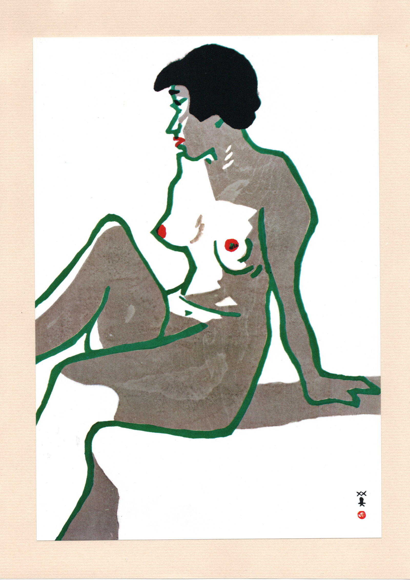 Hide Kawanishi : Model Offset Lithograph: Artist: Hide Kawanishi (1894-1965). Title: "Model" Publisher: Kobe Shimbun. Series: Self-Selected Print Collection. Date: 1965. Medium: Offset Lithograph. Size: Print Area (9.1/2x7in). With Matting Bo