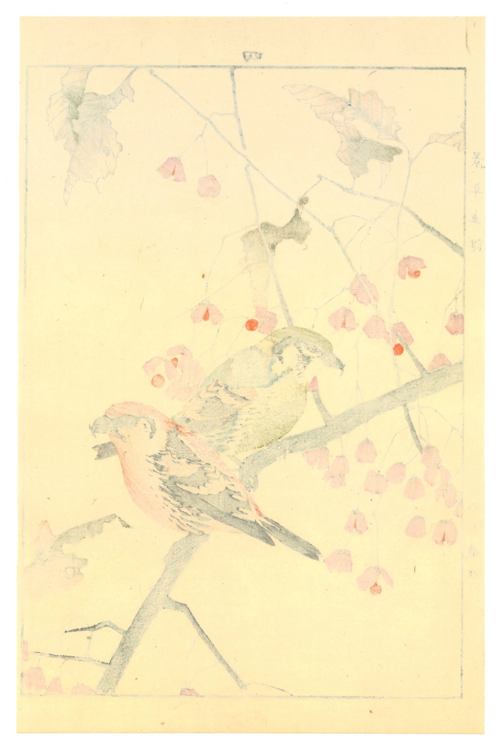 Meiji Woodblock by Keinen Imao : Two Birds on Withered Branch - 2