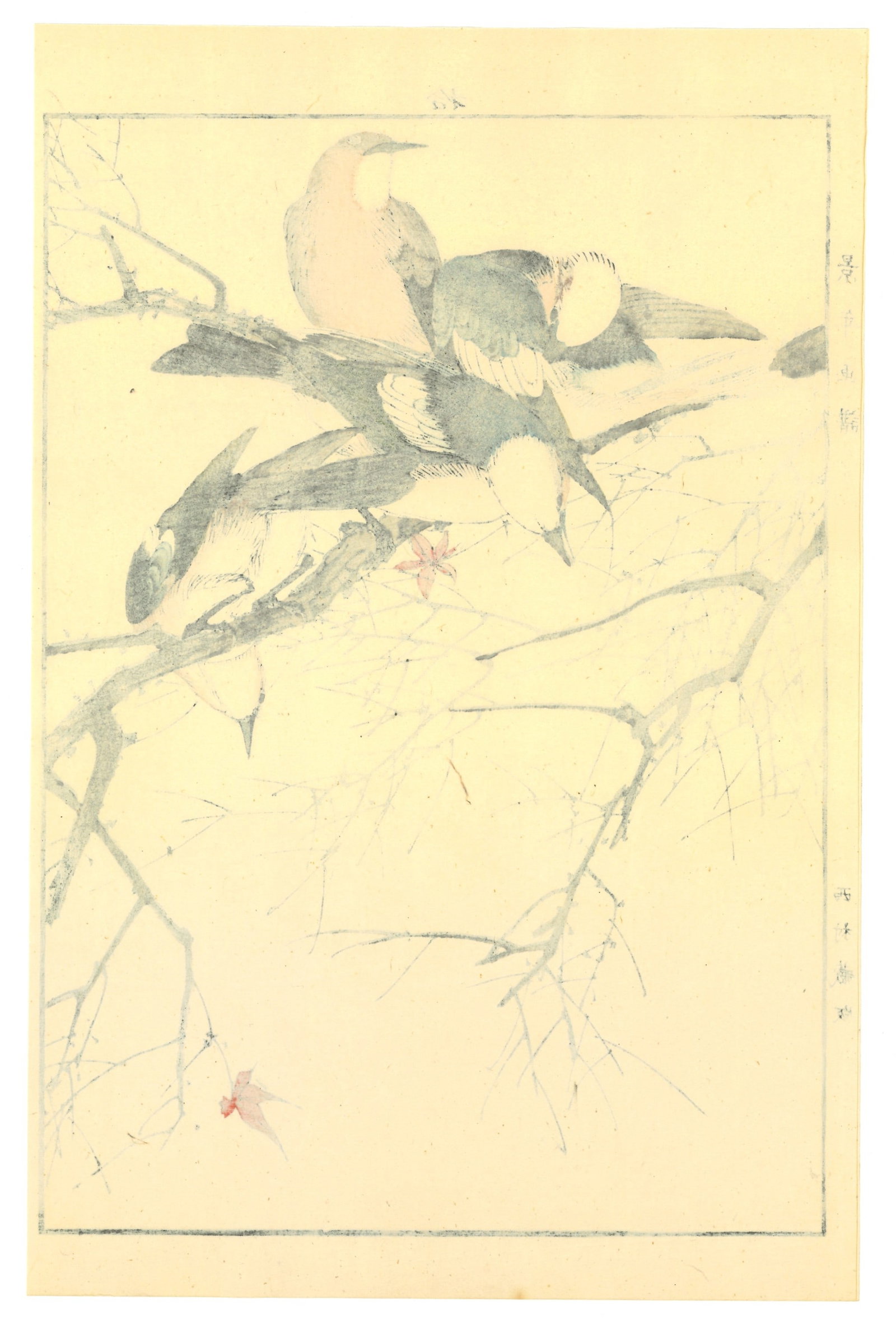 Meiji Woodblock by Keinen Imao : Four Birds Among Winter Leaves - 2