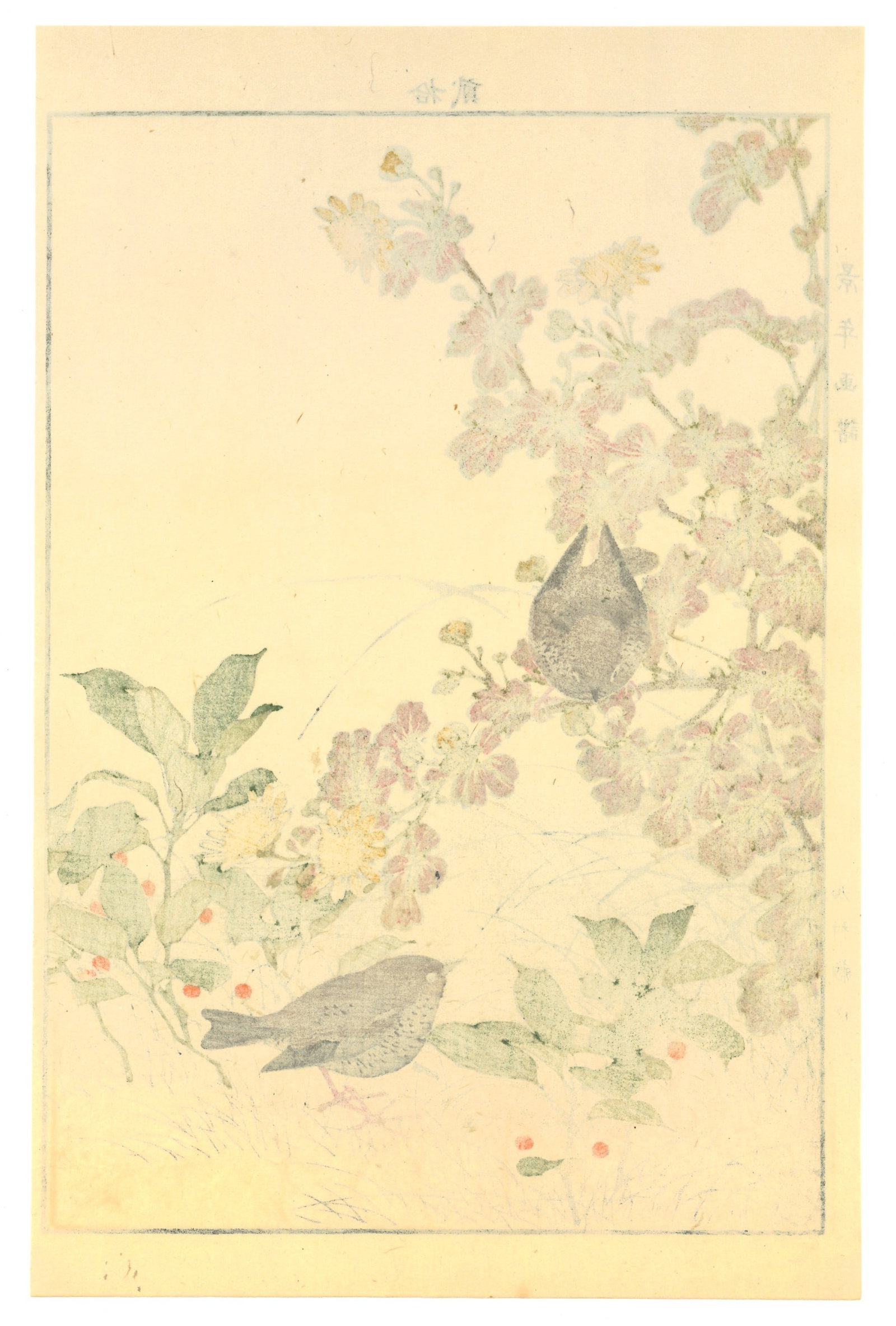 Meiji Woodblock by Keinen Imao: Birds with Nandina - 2