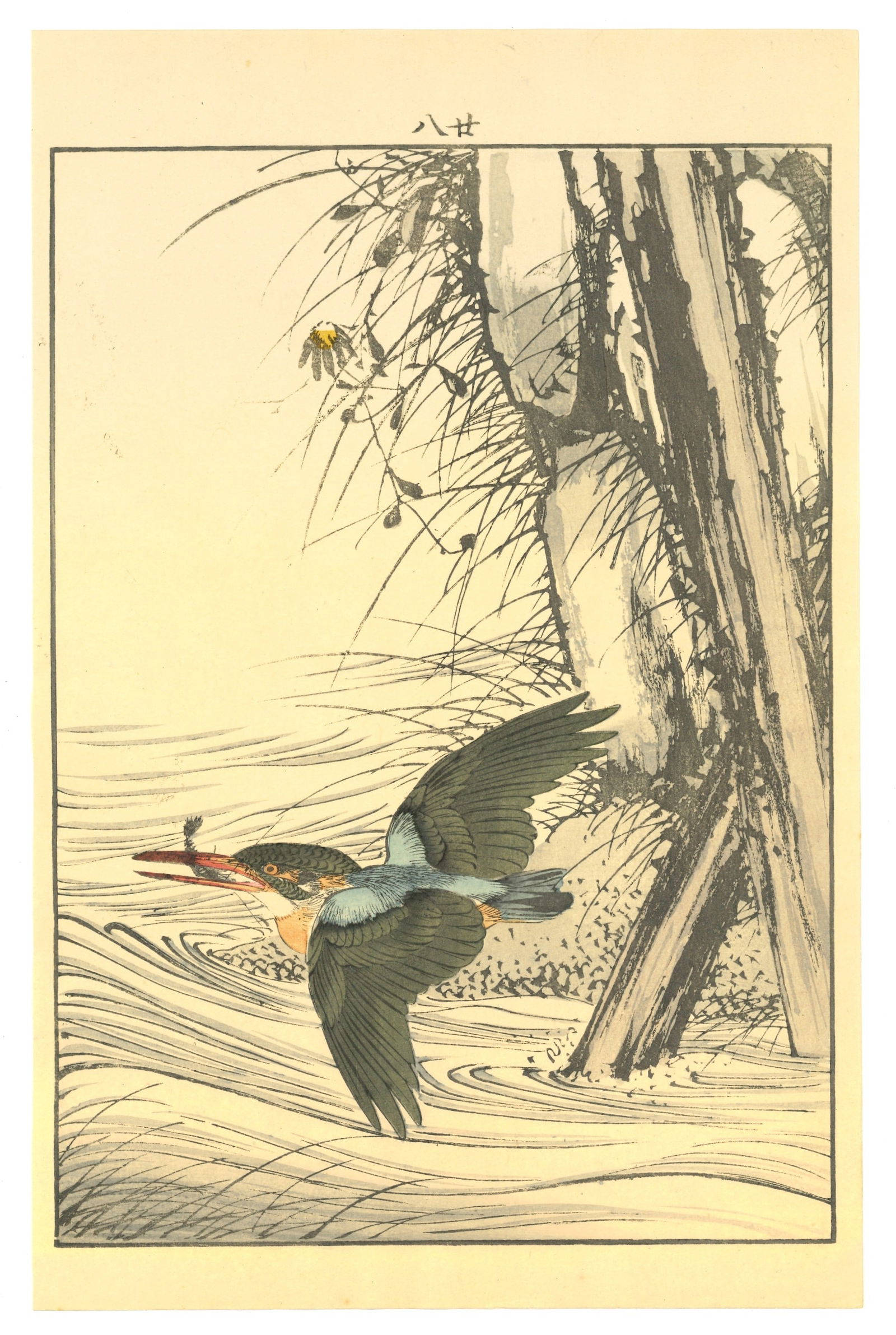 Meiji Woodblock by Keinen Imao : Kingfisher in Winter Flight (1 of 2)