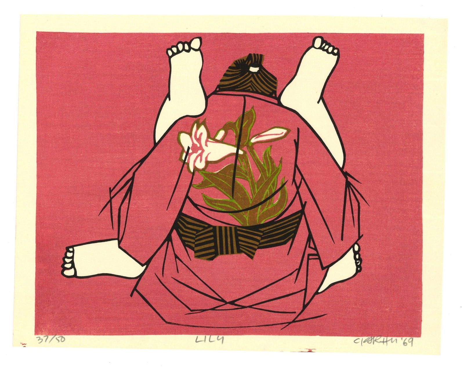 Clifton Karhu : Lily Woodblock: Artist: Clifton Karhu (1927-2007) Title: "Lily" Medium: Woodblock. Publisher: Self Publisher. Size: (11.1/2x9in). Date. 1969. Format: Horizontal, never framed. Special Notes: Signed and dated in penci