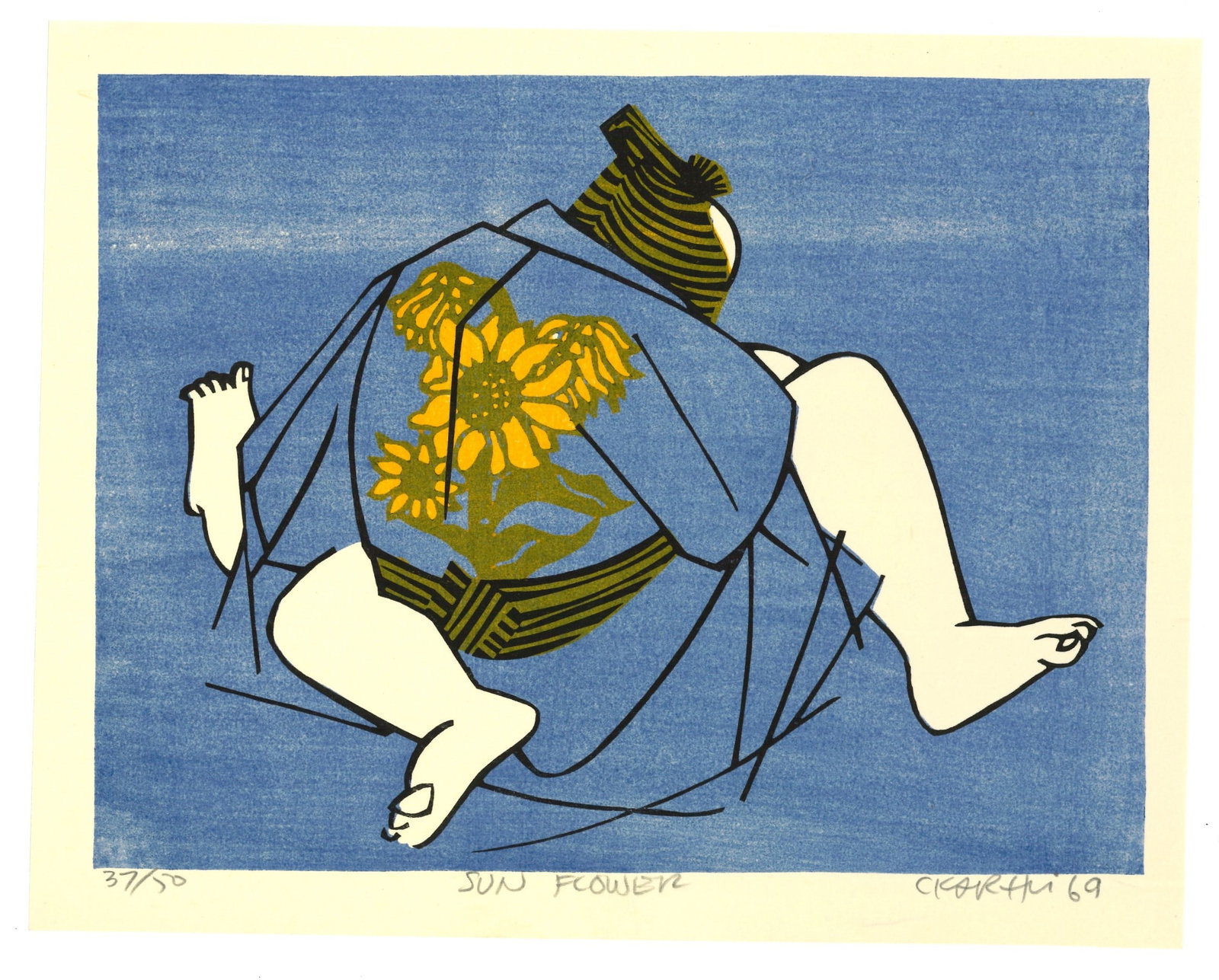 Clifton Karhu : Sunflower Woodblock: Artist: Clifton Karhu (1927-2007) Title: "Sunflower" Medium: Woodblock. Publisher: Self Publisher. Size: (11.1/2x9in). Date. 1969. Format: Horizontal, never framed. Special Notes: limited edition sign