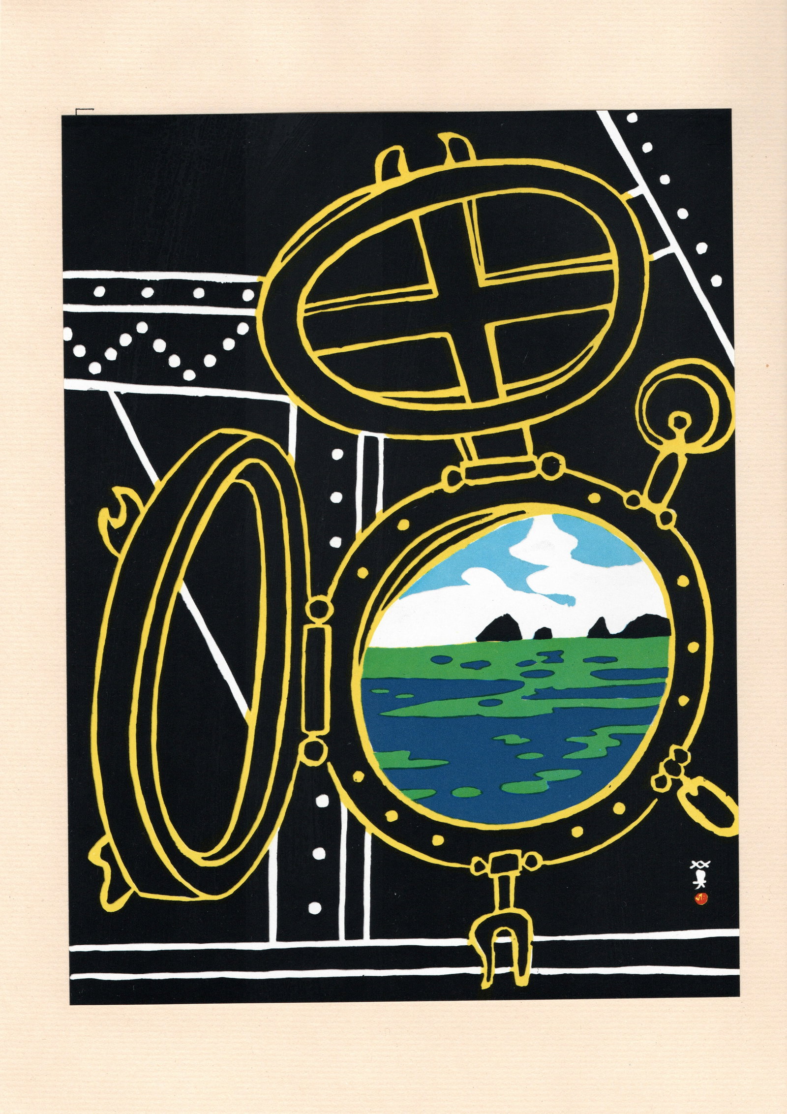 Ship’s Window / Porthole, Lithograph Print by Kawanishi: Artist: Hide Kawanishi (1894-1965). Title: "Ship’s Window / Porthole" Date: Printed in Japan, 1965. Publisher: Kobe Shimbunsha. Series: Self-Selected Print Collection. Medium: Offset Lithograph. Siz