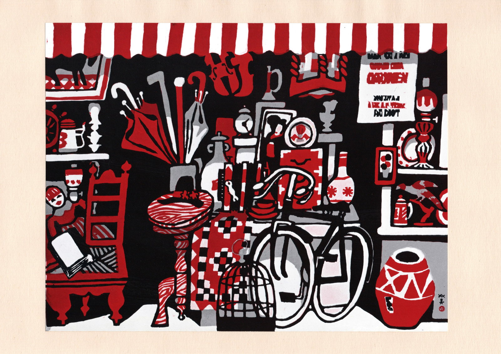 Antique Shop Japanese Lithograph Print by Kawanishi Hide: Artist: Hide Kawanishi (1894-1965). Title: "Antique Shop" Date: Printed in Japan, 1965. Publisher: Kobe Shimbunsha. Series: Self-Selected Print Collection. Medium: Offset Lithograph. Size: Print Area