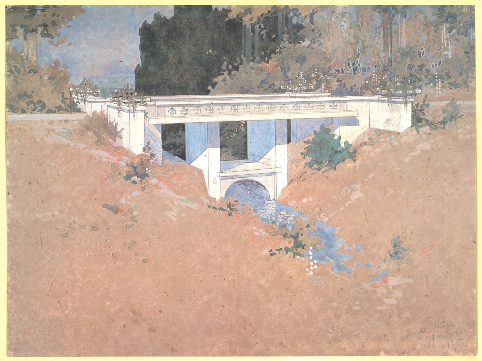 Bridge, Ravine Bluffs Development for Sherman M. Booth Lithograph Print by Frank Lloyd Wright (1 of 1)