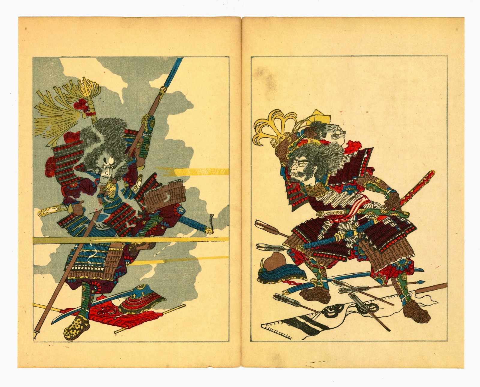 Taiheiki Hero's of Japan Woodblock Print After Utagawa Kuniyoshi: After Utagawa Kuniyoshi (1798-1861). Title: Taihei Eiyuden – "Heroic Stories of the Taiheiki" Date: 1917 (Taisho 6). Medium: Woodblock Print, reproduction. Size:(Diptych Style), (12x10in). Paper Typ