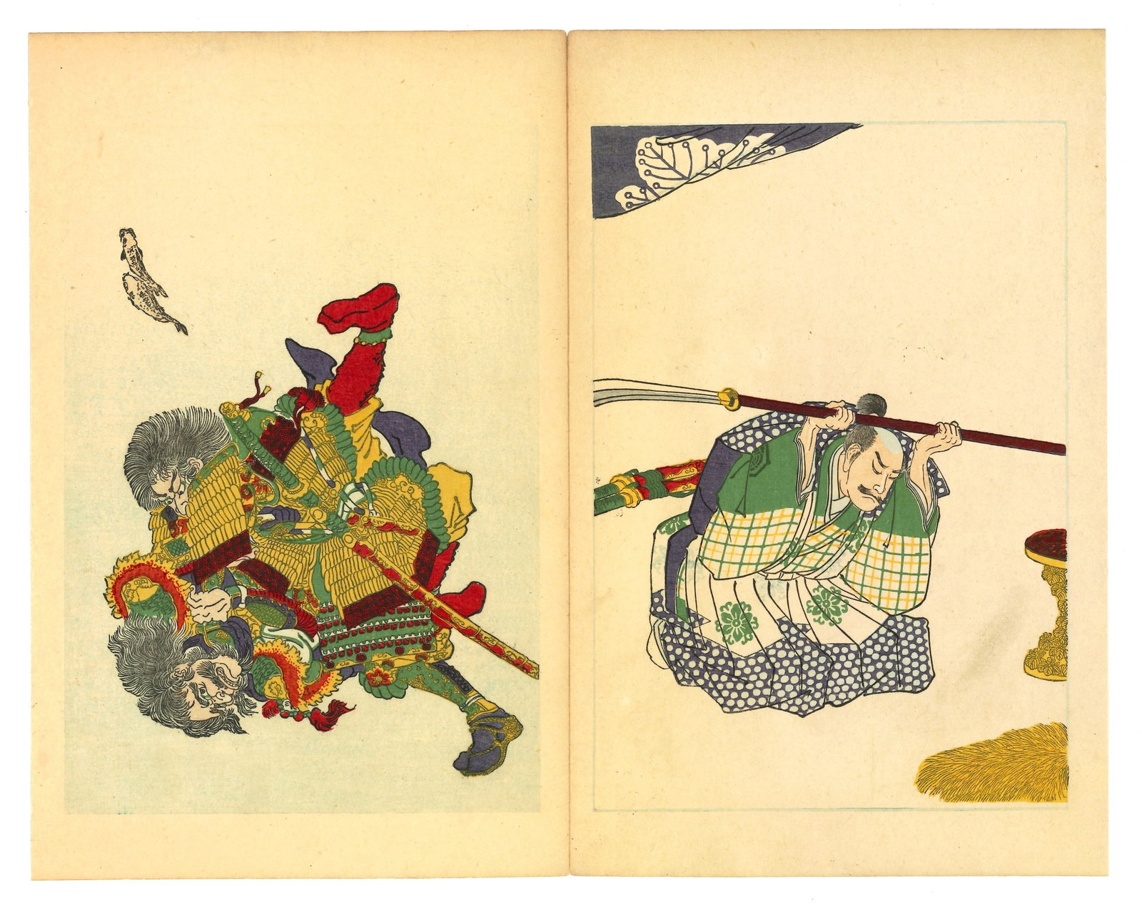 Taiheiki Hero's of Japan Woodblock Print After Utagawa Kuniyoshi: After Utagawa Kuniyoshi (1798-1861). Title: Taihei Eiyuden – "Heroic Stories of the Taiheiki" Date: 1917 (Taisho 6). Medium: Woodblock Print, reproduction. Size:(Diptych Style), (12x10in). Paper Typ