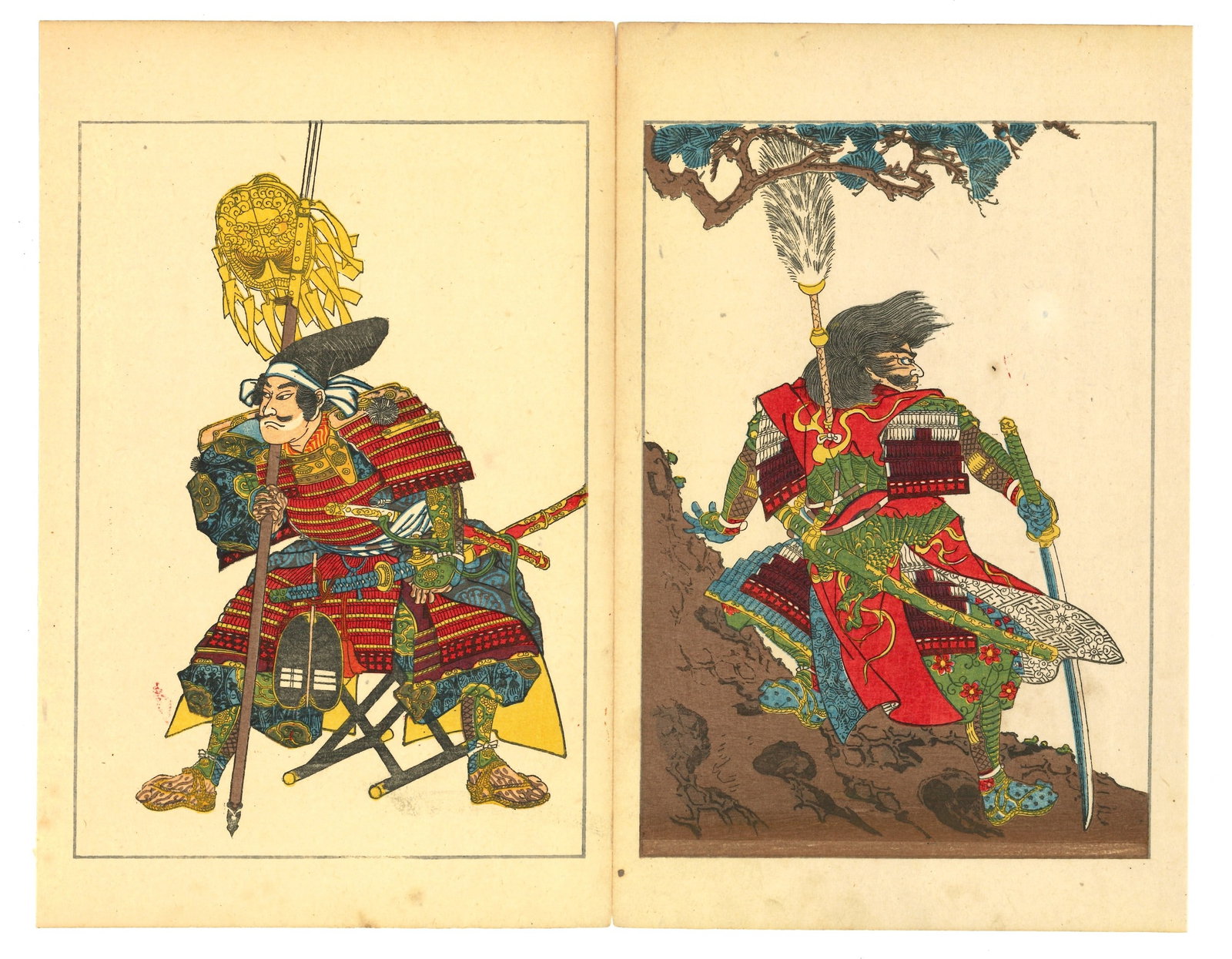 Taiheiki Hero's of Japan Woodblock Print After Utagawa Kuniyoshi: After Utagawa Kuniyoshi (1798-1861). Title: Taihei Eiyuden – "Heroic Stories of the Taiheiki" Date: 1917 (Taisho 6). Medium: Woodblock Print, reproduction. Size:(Diptych Style), (12x10in). Paper Typ