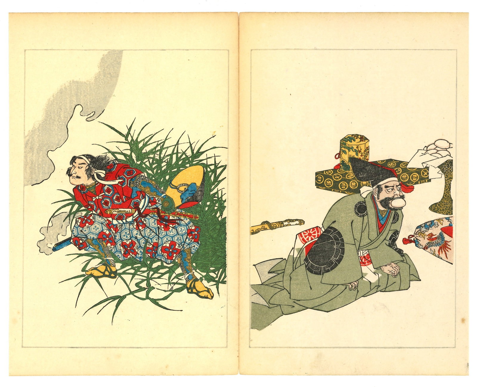 Taiheiki Hero's of Japan Woodblock Print After Utagawa Kuniyoshi: After Utagawa Kuniyoshi (1798-1861). Title: Taihei Eiyuden – "Heroic Stories of the Taiheiki" Date: 1917 (Taisho 6). Medium: Woodblock Print, reproduction. Size:(Diptych Style), (12x10in). Paper Typ